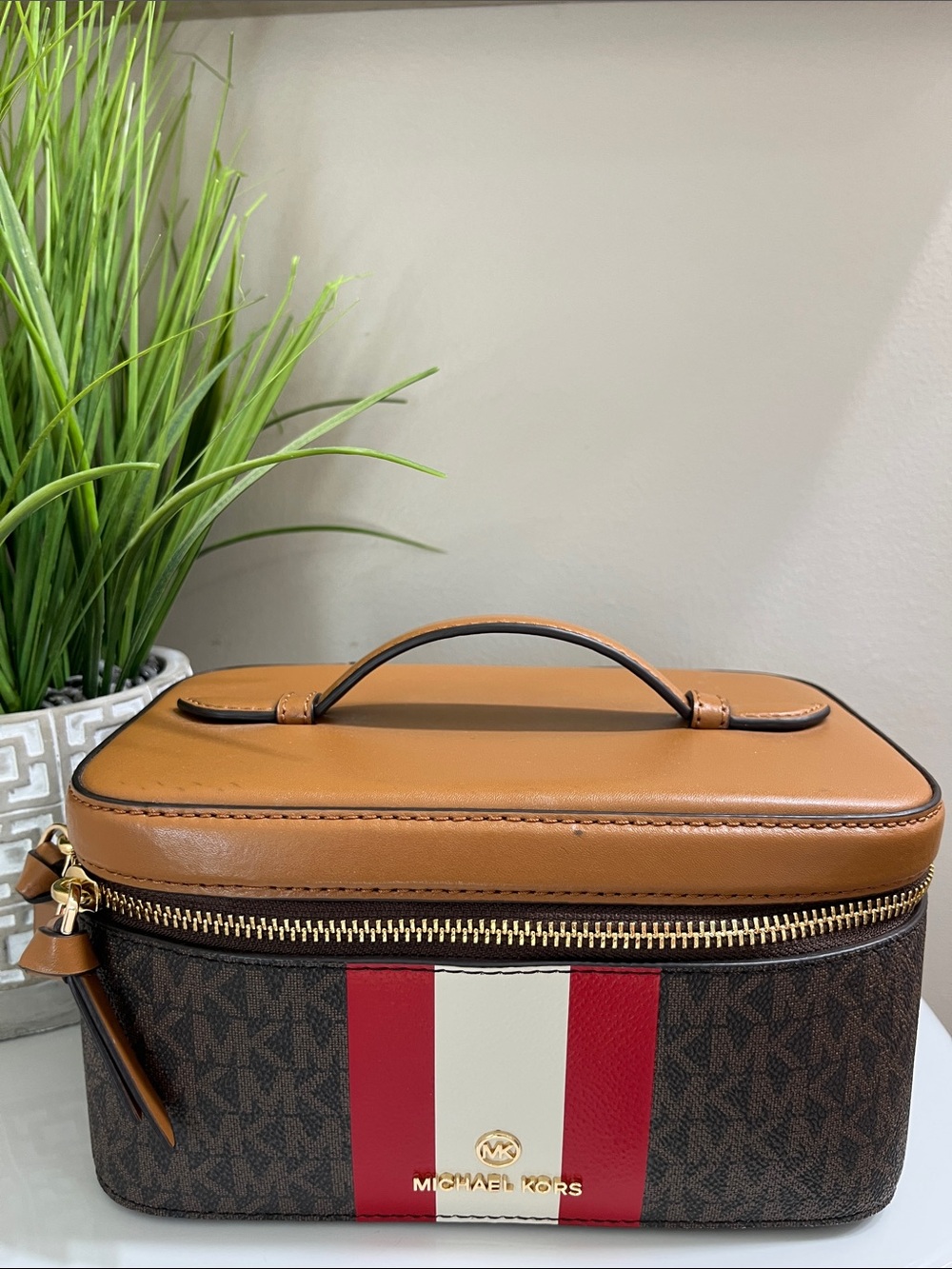 NEW-Michael Kors Brown Tan Cosmetic Case with Red and White Center Stripe